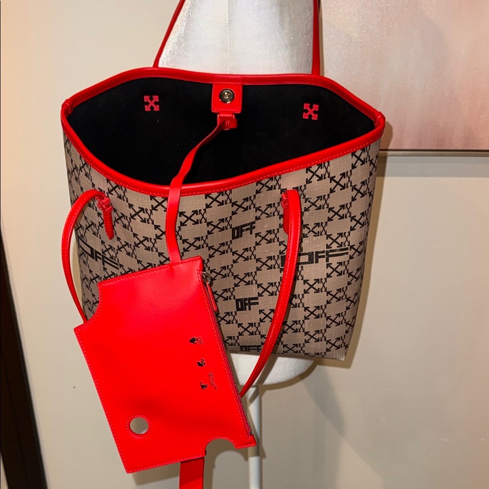 Designer Tote OFF WHITE Bag with Red Accents - Picture 8 of 11